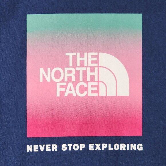 North Face Teen Girl Graphic Hoodie XXL 18 Blue Pink Cotton Poly Pocket Pullover - Picture 3 of 16